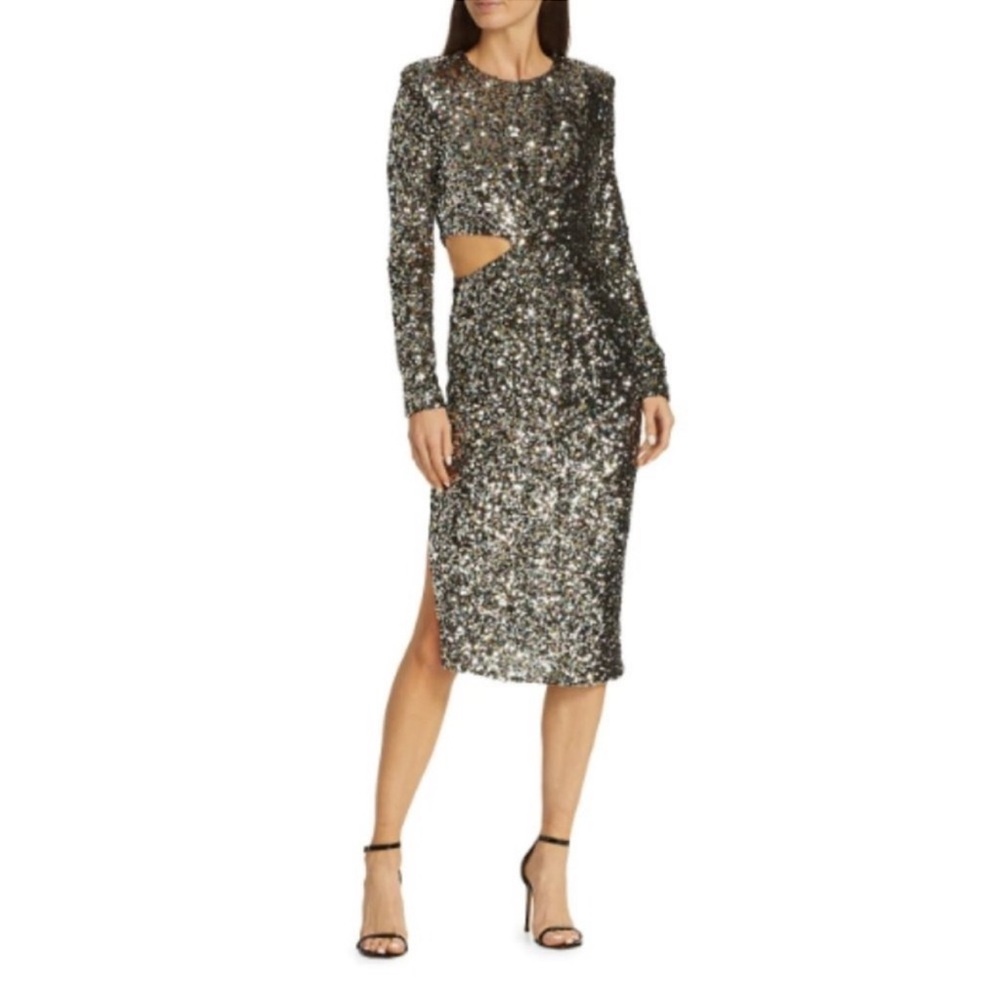 ASTR The Label Sylvina Silver Sequin Cutout Midi Dress M NWT